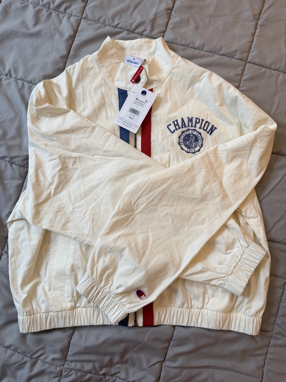 Champion Women’s Cream Jacket with Red & Blue Accent Stripes
